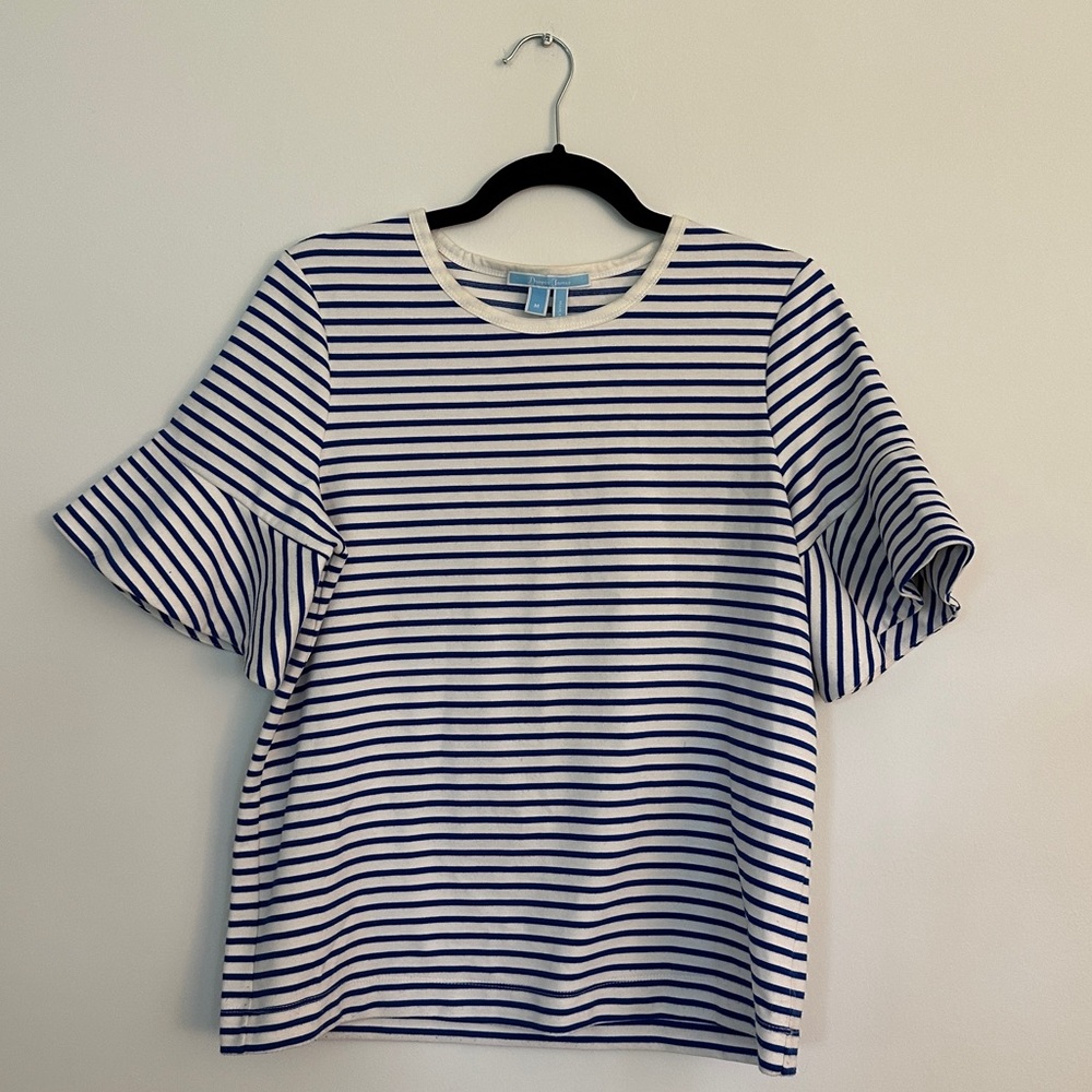 Draper James Blue and White Short Sleeve Tee with  bell sleeves, Medium